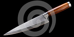 Sharp Kitchen Knife with Black Handle Isolated on Black Background