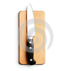 A sharp kitchen knife resting on a wooden cutting board isolated on white background
