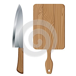 Sharp knife and Chopping board isolated on white background.