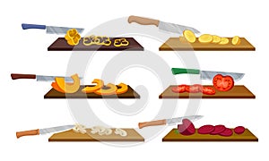 Sharp Knives with Wooden Handle Chopping and Slicing Vegetables on Cutting Board Vector Set