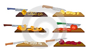 Sharp Knives with Wooden Handle Chopping and Slicing Vegetables on Cutting Board Vector Set photo