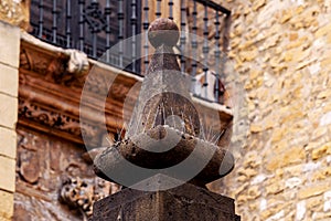 Sharp metal spikes of pigeon protection on an antique pillar. Bird scaring