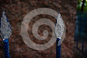 Sharp metal tips of an old hedge closeup