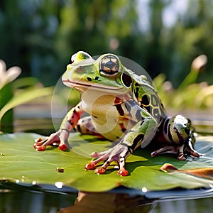 a sharp nosed frog playing volleyball on a lily pad k uhd ver