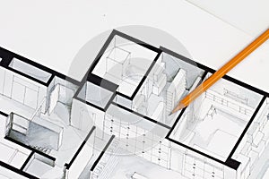 Affilato arancia smaltato regolare matita sul isometrico pavimento proprietà un appartamento decorazioni disegno 