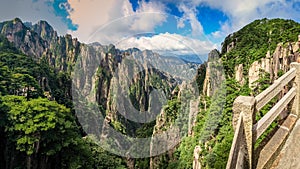 Sharp peaks and deep valleys with a stone guard rail on the right in Huang Shan China