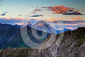 Sharp peaks at sunset in Carnic Alps main ridge and Julian Alps