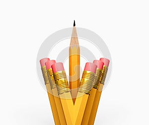 A Sharp pencil among pencil erasers. One sharpened pencil standing out from the blunt ones 3d illustration