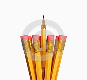 A Sharp pencil among pencil erasers. One sharpened pencil standing out from the blunt ones 3d illustration