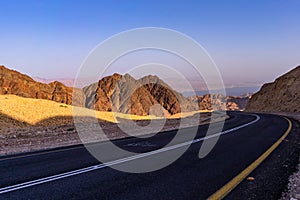 Road to Eilat from the west. Eilat mountais and the Aqaba gulf