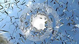 Sharp pieces of blue shattered glass and hole