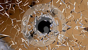 Sharp pieces of shattered glass and hole