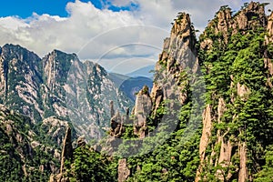 Sharp rocks with bright green trees leading from top right to bottom left with distant rocky mountain peaks on the left