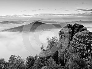 Sharp sandstone rock empire sticking out from heavy fog. Deep misty valley