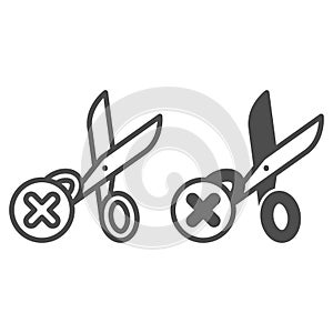 Sharp scissors ban line and solid icon, prohibited items concept. Vector graphics. Scissors forbidden sign on white