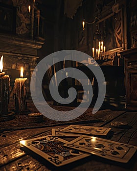 The sharp snap of a card deck in a dimly lit room where every shuffle weaves a thread of hope and ruin