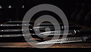 Sharp steel blade of kitchen knife on wooden cutting board generated by AI