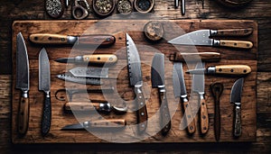 Sharp steel blades on wooden cutting board, a kitchen collection generated by AI