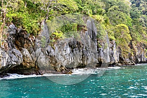 Sharp stone shores of cliffs overgrown with forest