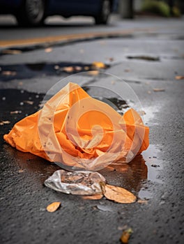 A sharp tear in an orange trash bag spilling its contents out onto the pavement.. AI generation
