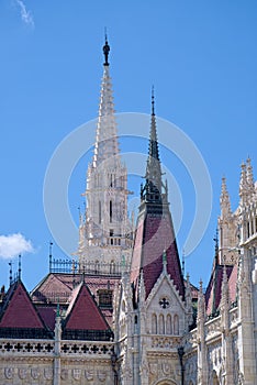 Sharp towers of building of Hungarian Parliament in Budapest