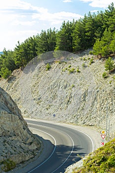 Sharp turn of mountain highway in the Caucasus mountains near Gelendzhik resort city.