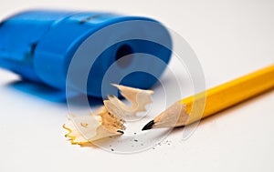 Sharp yellow pencil with blue sharpener