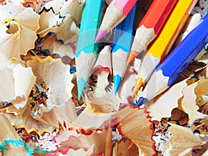 The sharpen color pencils on shavings