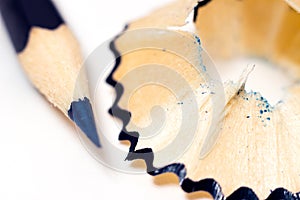 Sharpened blue pencil sharpener with shavings on a white background