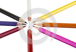 Sharpened colored pencils on the white background.