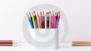sharpened colored pencils in a white holder against a plain background