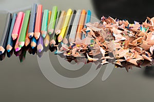 Sharpened colorful pencils and shavings
