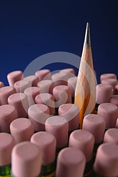 Sharpened pencil within a group of pencil erasers