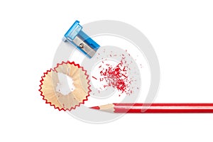 Sharpened pencil, shavings and sharpener