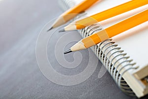 Sharpened pencils and a notebook