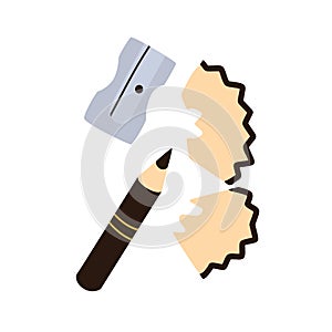 Sharpened small pencil, metal sharpener, pointer and wood remains, shavings. Sharp topper tool. Flat vector illustration