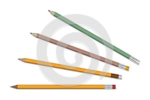 Sharp wood cased drawing graphite pencil with eraser set isolated on white background, realistic vector illustration