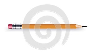 Sharpened wooden pencil with rubber eraser. Color cartoon icon. Realistic isolated item on white background, vector