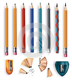 Sharpened wooden pencil with rubber eraser of various size, color sharpeners and shavings. Realistic set of isolated