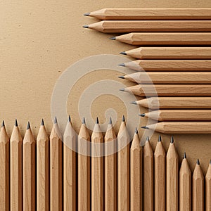 Sharpened wooden pencils with graphite tips are arranged in parallel rows on a
