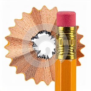 Sharpened Yellow Pencil with Eraser and Wood Shavings on White Background