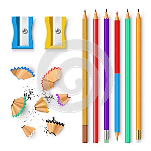 Sharpeners  pencils coloured  graphite  double-sided  with eraser and sharpening shavings realistic set