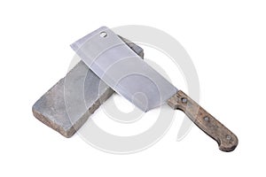 Sharpening or honing a knife on a waterstone, grindstone on the