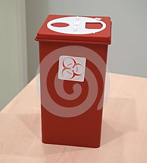 Sharps collector container on the table