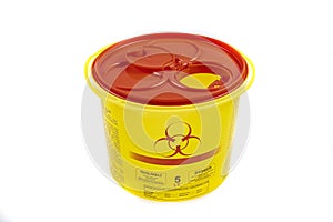 Sharps Waste Management 5 liter. Yellow biohazard medical contaminated clinical waste container isolated on white background