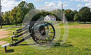 Sharpsburg, Maryland, USA September 11, 2021 Civil war cannons lined up on the Antietam National Battlefield with the Dunker Churc