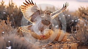 Sharptail Grouse in the bushes flying low