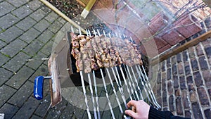 Shashlik - traditional russian barbecue. meat on barbeque. smo