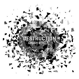 Shatter destruction. Broken glass. Crush effect. Blast fragments. Disintegrate debris. Window explosion. 3D splinters photo