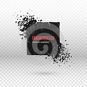 Shatter and destruction dark square effect. Abstract cloud of pieces and fragments after explosion. Vector